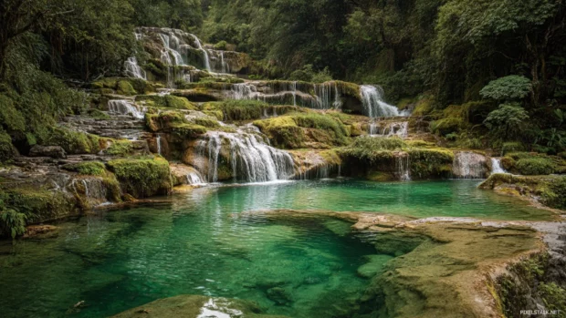 Waterfall with multiple tiers, each pouring gracefully into emerald green pools.