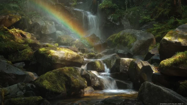 Waterfall with rainbow HD wallpaper featuring a gentle cascade flowing over mossy rocks with a faint rainbow mist glowing in golden hour (2).