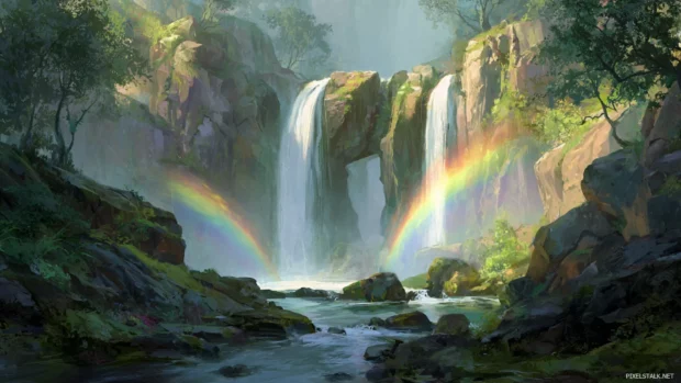 Waterfall with rainbow arches in the morning sunlight and soft greenery all around.