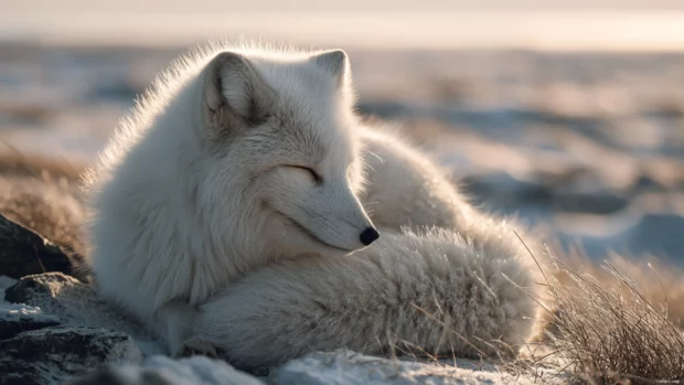 Wearing a natural white winter coat, the Arctic Fox curls up against the wind in an icy tundra landscape.