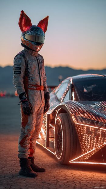 Wearing a racing suit, Cool Fox stands next to a futuristic car glowing with LED strips, desert backdrop.