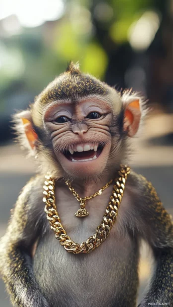 Wearing a small gold chain, cool monkey grins mischievously at the camera.