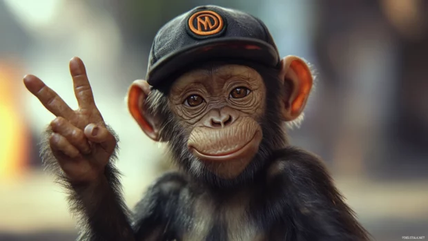 Wearing a snapback hat backwards, cool monkey flashes a peace sign with a playful smirk.