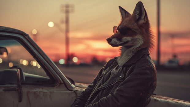 Wearing sunglasses and a leather jacket, a Cool Fox leans against a vintage car under sunset sky, cinematic vibe.