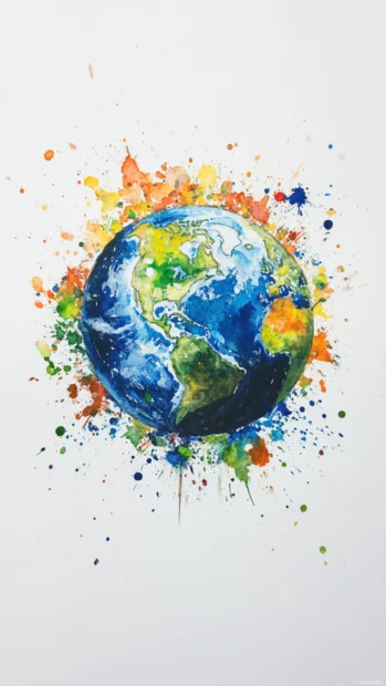 Whimsical Earth painted with watercolor effects on white backdrop.
