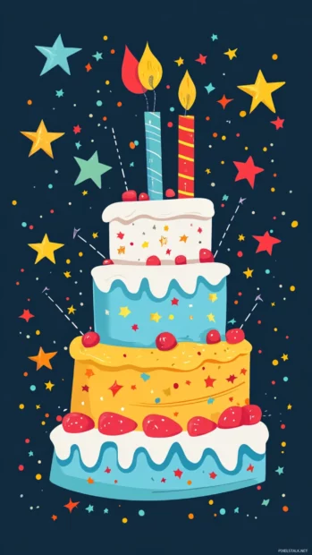Whimsical birthday with stars and cartoon style decorations.
