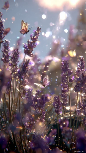Whimsical lavender scene with tiny butterflies and sparkles floating in sunlight.