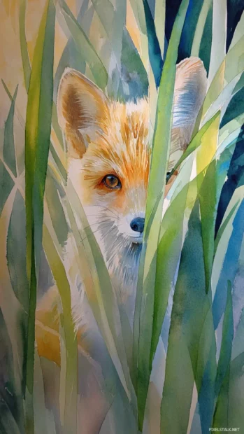 Whimsical watercolor of a Fox peeking through tall grass, soft focus, playful mood, spring breeze motion.
