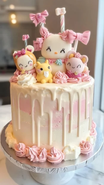 Whipped cream Birthday Cake styled with cute characters and bows.