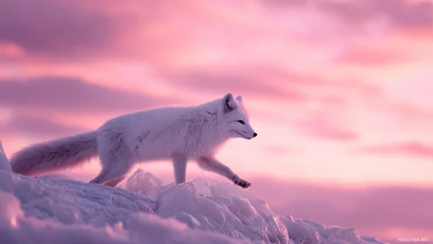 White arctic fox wallpaper with the fox mid stride over a glacier ridge under soft pink aurora sky.
