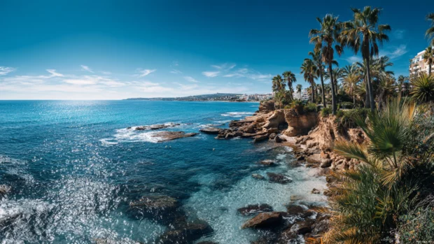 Wide 4K coastal panorama with scattered palm trees and clear sparkling sea under bright daylight.