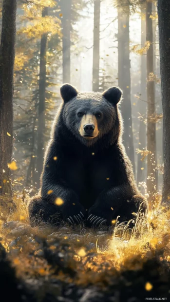 Wild bear sitting in a forest clearing surrounded by tall grass.