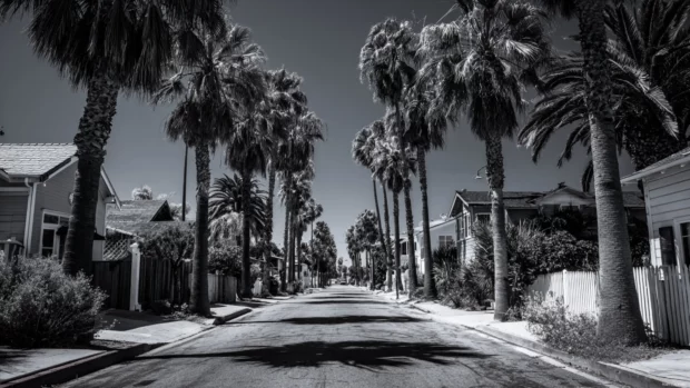 Windswept black and white palm trees lining a quiet street with a vintage seaside vibe.