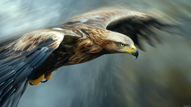 Windswept feathers of a Cool Eagle captured in midair motion.