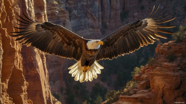 Wings open mid flight, the American eagle crosses a canyon.