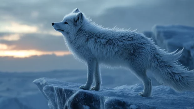 Winter fox wallpaper depicting an arctic fox with frosted fur standing gracefully on an icy cliff at dawn.