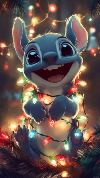 With Christmas lights tangled around him, Stitch giggles joyfully.