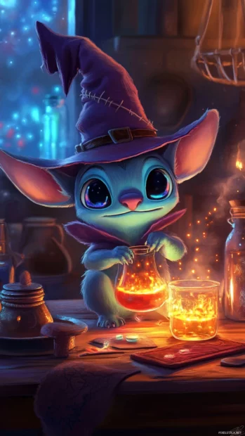 With a big witch hat, Stitch mixes glowing potions on a wooden table.