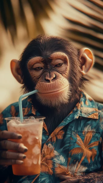 With a chill vibe, cool monkey sips on a drink through a straw wearing a tropical shirt.