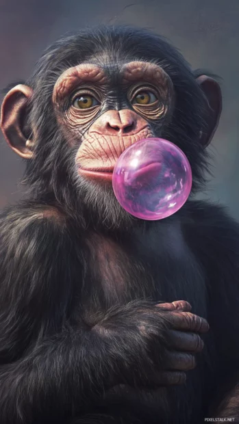 With a goofy expression cool monkey blows a bubblegum bubble.