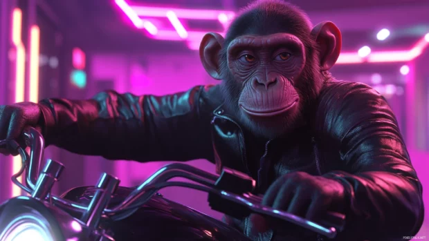 With a leather jacket and a sly grin, cool monkey lounges on a motorcycle under neon lights.