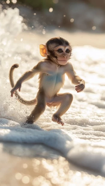 With a playful bounce, cute monkey skips across soft sandy beach waves.