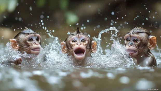 With a playful grin, funny monkey splashes water on its friends at the river.