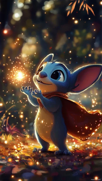 With a tiny cape, Stitch pretends to cast magic spells surrounded by sparkles.