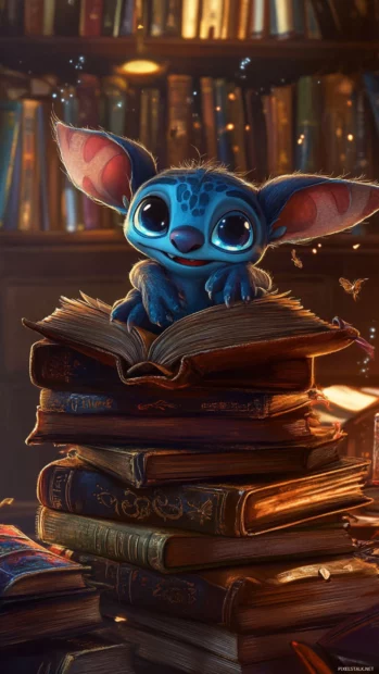 With glowing eyes, Stitch pops out of a pile of enchanted books.