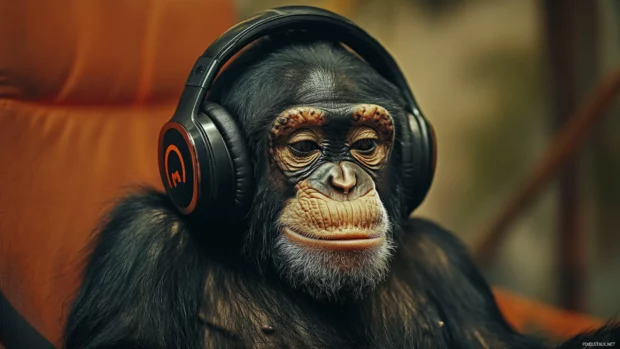 With headphones on, cool monkey grooves to music with an intense focused expression.
