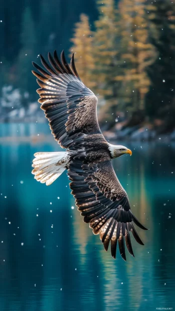 With its wings wide open, the Eagle glides above a sparkling blue lake.