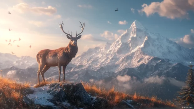 With mountains in the distance, a cool deer gazes toward the horizon.