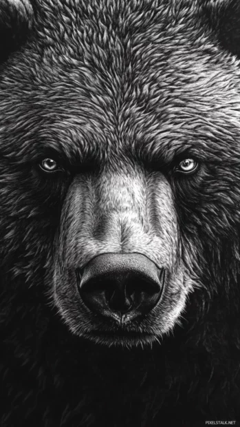 With piercing eyes and detailed fur, a close up of a wild bear dominates this intense grizzly bear iPhone wallpaper.