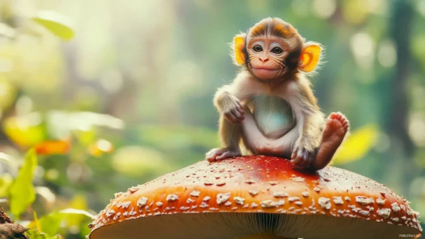 With rosy cheeks, cute monkey smiles wide while sitting on a giant mushroom.