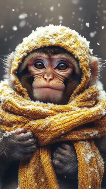 Wrapped in a warm scarf, cute monkey enjoys the winter snow gently falling.