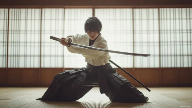 Young Japanese Samurai practicing sword moves.