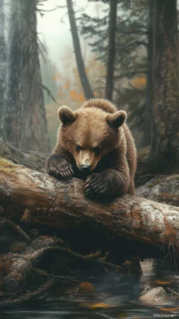 Young bear playing with a log in a peaceful woodland environment.