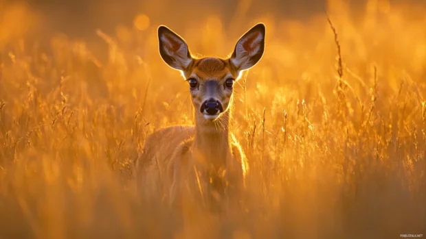 Young deer peeking through tall grasses in the dawn light.