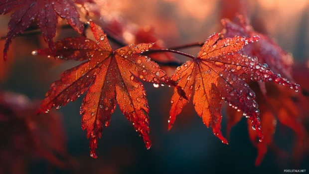 beautiful fall wallpaper illustrating a close up of dew laden maple leaves in rich red and orange hues.