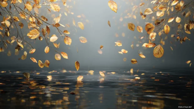 3D fall wallpaper showing detailed golden leaves floating above a misty pond, photorealistic 3D render.