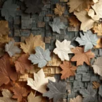 3d autumn background showcasing stylized 3D leaf mosaic on wooden surface, moody lighting.