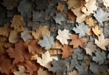 3d autumn background showcasing stylized 3D leaf mosaic on wooden surface, moody lighting.