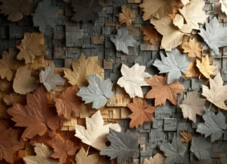 3d autumn background showcasing stylized 3D leaf mosaic on wooden surface, moody lighting.