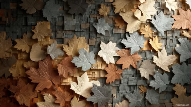 3d autumn background showcasing stylized 3D leaf mosaic on wooden surface, moody lighting.