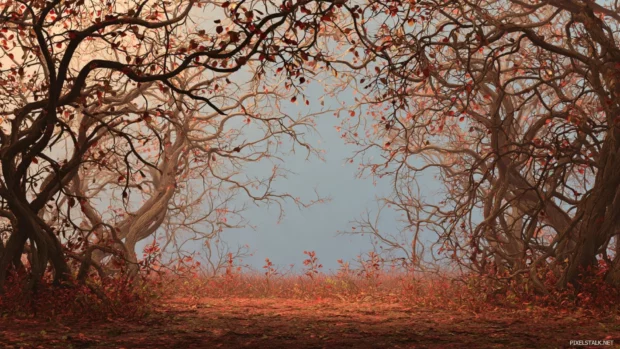 3d fall background design with intricate 3D branches intertwining above a woodland clearing, detailed render.
