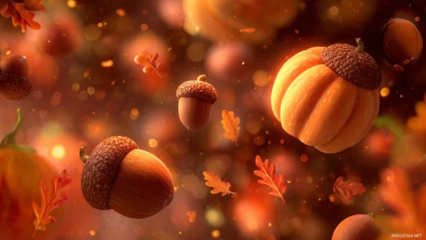 3d fall background featuring floating pumpkins and acorns with cinematic lighting and depth.