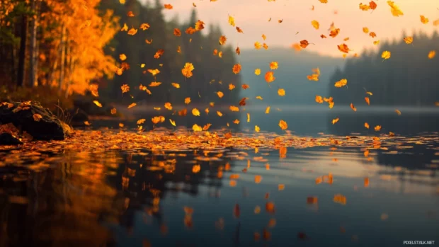 3d fall desktop wallpaper hd featuring 3D falling leaves swirling over reflective lake in golden hour.