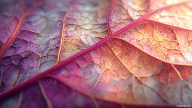 3d fall leaves wallpaper illustrating macro view of textured leaf surface in crisp 3D detail.