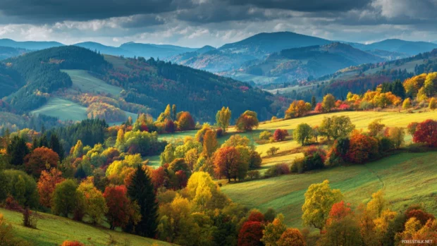 3d fall scenery wallpaper panoramic vista of rolling hills covered in 3D autumn foliage under cloudy sky.
