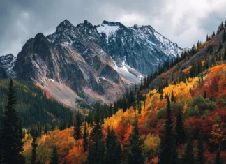 4K fall scenery wallpapers presenting a majestic mountain range surrounded by breathtaking fall colors.